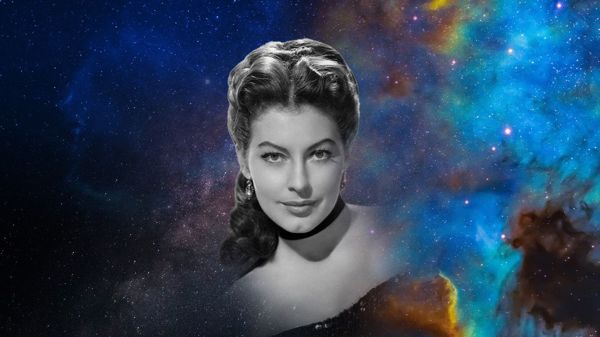 Ava Gardner with a decorative starry background