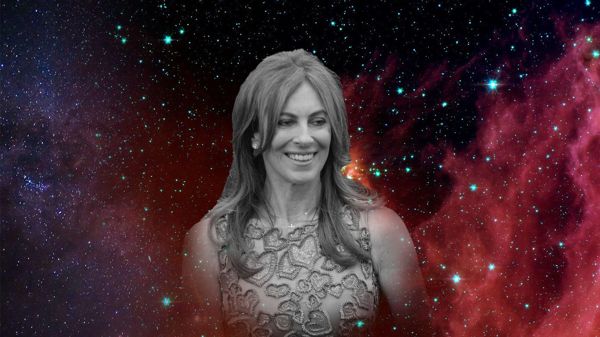 Director Kathryn Bigelow with a decorative starry background