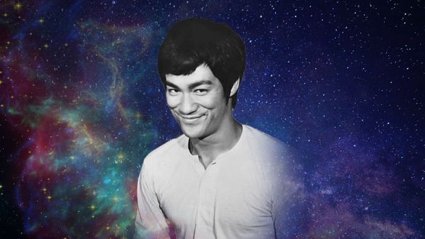 Bruce Lee with a decorative starry background