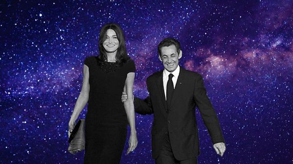 Carla Bruni and Nicolas Sarkozy with decorative starry background