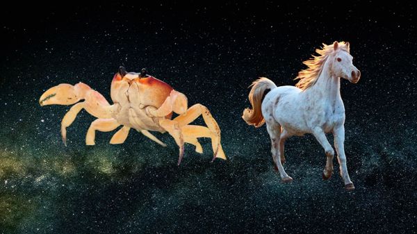 Crab representing zodiac sign of cancer and horse representing Chinese zodiac sign of Horse against decorative starry sky background