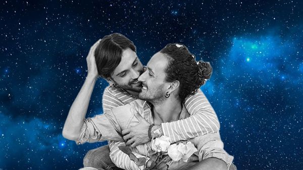 Gay couple being joyful with decorative starry background