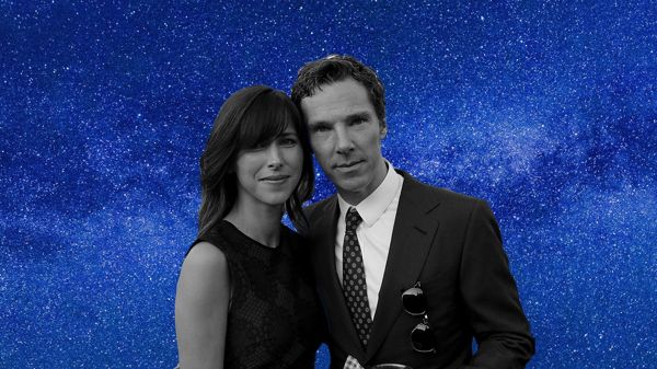 Benedict Cumberbatch and Sophie Hunter with decorative starry background