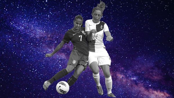 Two women footballers competing for the ball with a decorative starry background