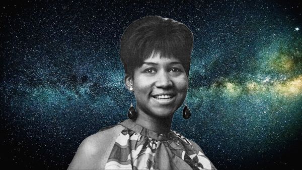 Aretha Franklin with decorative starry background