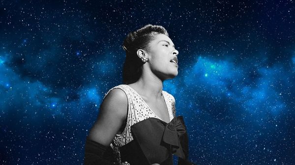 Billie Holiday singing with decorative starry background 