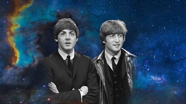 John Lennon and Paul McCartney with decorative starry background