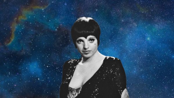 Liza Minnelli with a decorative starry background