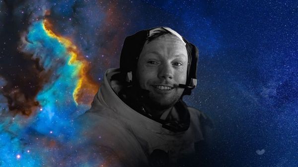 Astronaut Neil Armstrong with a decorative starry background