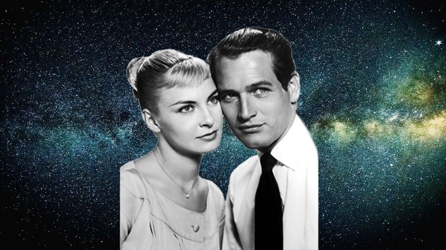 Paul Newman and Joanne Woodward with decorative starry background