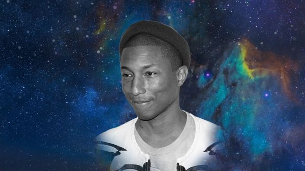 Pharrell Williams with a decorative starry background