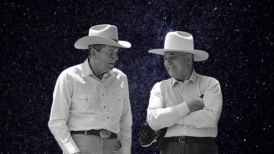 Ronald Reagan and Mikhail Gorbachev with decorative starry background