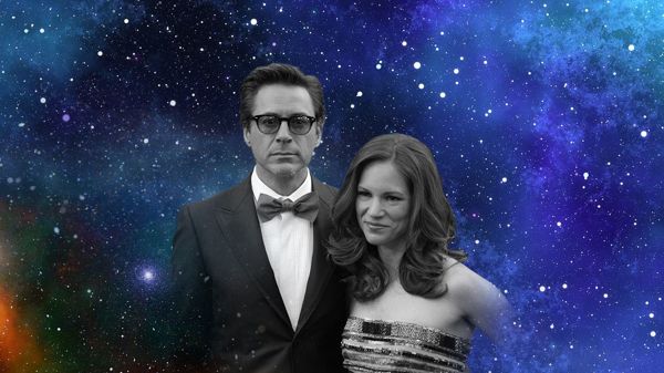 Robert Downey, Jr., and Susan Downey with decorative starry background