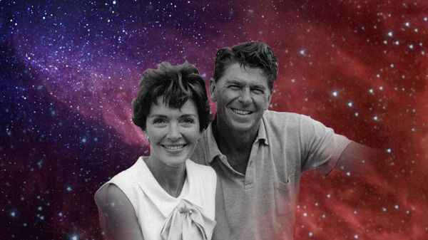 Ronald and Nancy Reagan with decorative starry background