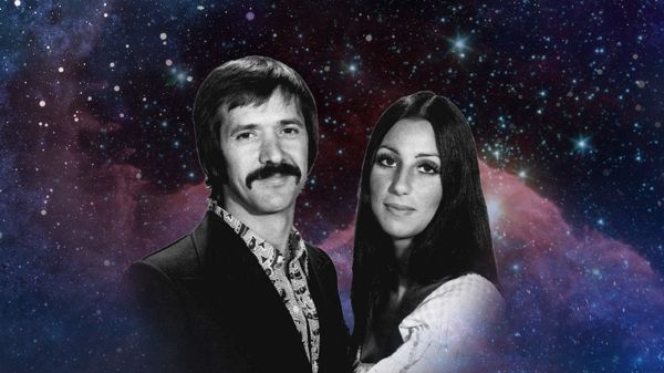 Sonny Bono and Cher with a decorative starry background