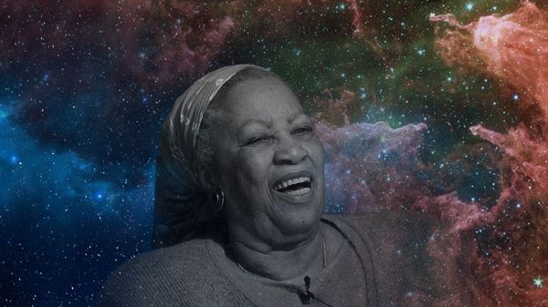 Toni Morrison with decorative starry background