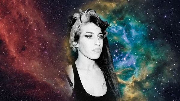 Amy Winehouse with decorative starry background