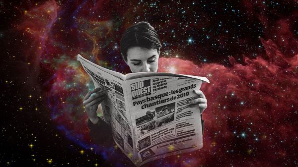 Woman reading French newspaper, with decorative starry background