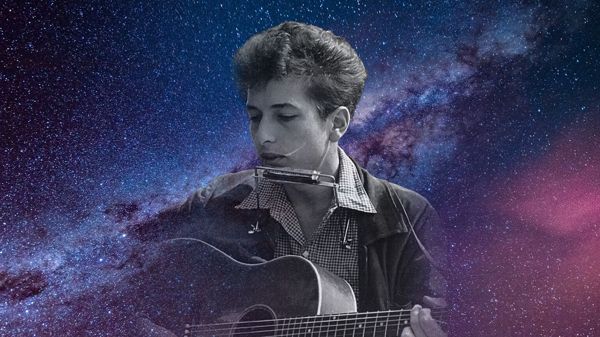 A young Bob Dylan with decorative starry background