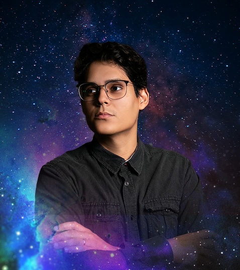 Gender non-binary person looking sideways with starry background